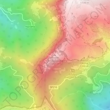 Mapa topográfico Monte della Guardia, altitude, relevo