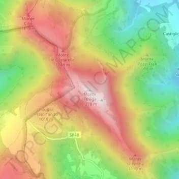 Mapa topográfico Monte Strega, altitude, relevo
