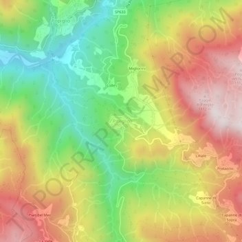 Mapa topográfico Piteglio, altitude, relevo