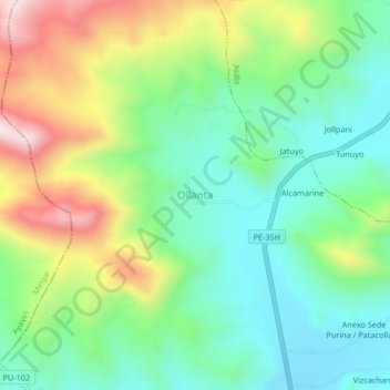 Mapa topográfico Ollanta, altitude, relevo