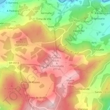 Mapa topográfico A Ferreira, altitude, relevo