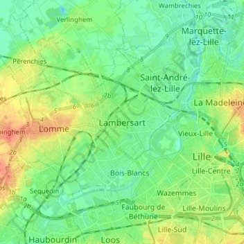 Mapa topográfico Lambersart, altitude, relevo