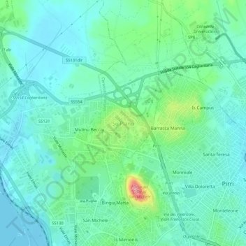 Mapa topográfico Su Planu, altitude, relevo