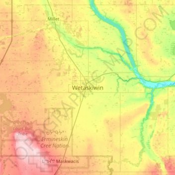 Mapa topográfico Wetaskiwin, altitude, relevo