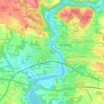 Mapa topográfico Le Guiriel, altitude, relevo