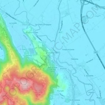 Mapa topográfico Bugano di Sopra, altitude, relevo