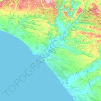 Mapa topográfico Whanganui, altitude, relevo