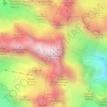 Mapa topográfico Cima Brenta, altitude, relevo