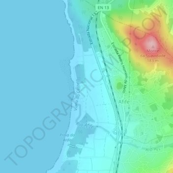 Mapa topográfico Praia de Afife, altitude, relevo