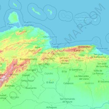 Mapa topográfico Carabobo, altitude, relevo
