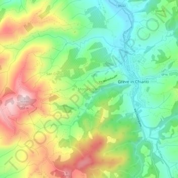 Mapa topográfico Montefioralle, altitude, relevo