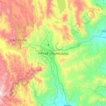 Mapa topográfico Kombolcha, altitude, relevo