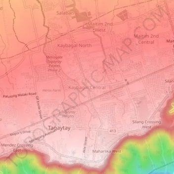 Mapa topográfico Kaybagal Central, altitude, relevo