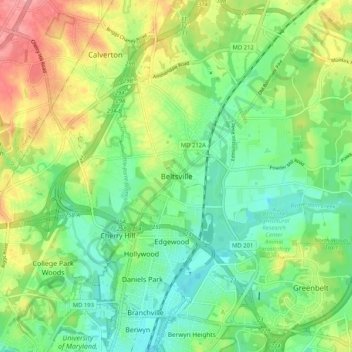 Mapa topográfico Beltsville, altitude, relevo