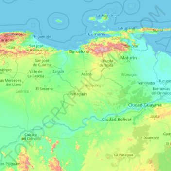 Mapa topográfico Anzoátegui, altitude, relevo