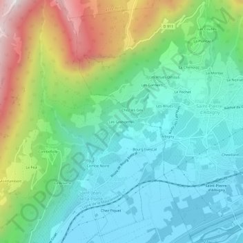 Mapa topográfico Les Grangettes, altitude, relevo