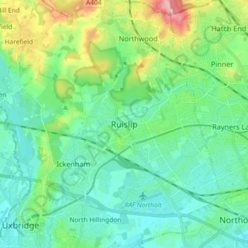 Mapa topográfico Ruislip, altitude, relevo