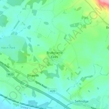 Mapa topográfico Brabourne Lees, altitude, relevo