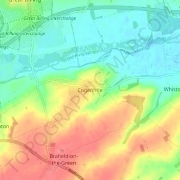 Mapa topográfico Cogenhoe, altitude, relevo