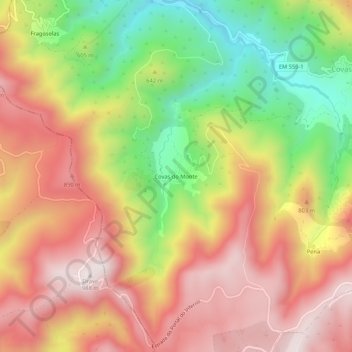 Mapa topográfico Covas do Monte, altitude, relevo
