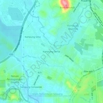 Mapa topográfico Kampung Damai, altitude, relevo