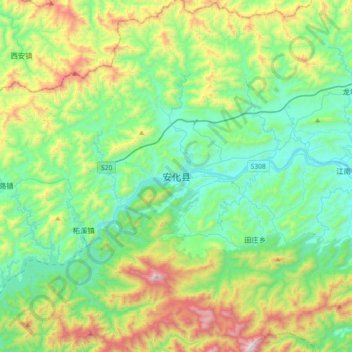Mapa topográfico 安化县, altitude, relevo