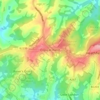 Mapa topográfico Cross in Hand, altitude, relevo