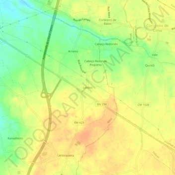 Mapa topográfico Leitões, altitude, relevo