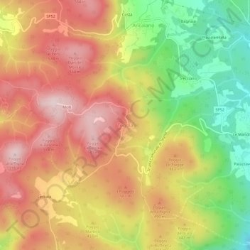 Mapa topográfico Tegoia, altitude, relevo