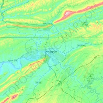 Mapa topográfico Kingsport, altitude, relevo