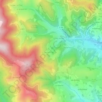 Mapa topográfico Le Grand Vernay, altitude, relevo