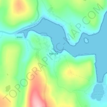 Mapa topográfico Mid Yell, altitude, relevo