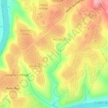 Mapa topográfico Steiner Ranch, altitude, relevo