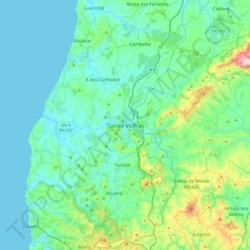 Mapa topográfico Torres Vedras, altitude, relevo