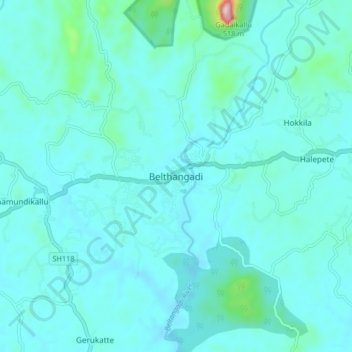 Mapa topográfico Belthangadi, altitude, relevo
