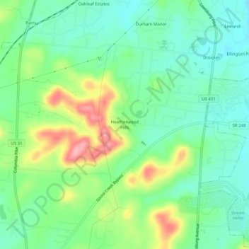 Mapa topográfico Heatherwood Hills, altitude, relevo