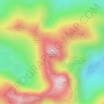 Mapa topográfico Beenkeragh, altitude, relevo