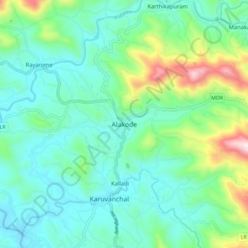 Mapa topográfico Alakode, altitude, relevo