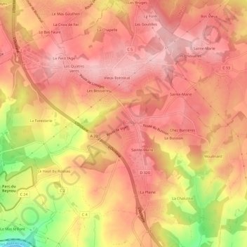 Mapa topográfico Le Crouzy, altitude, relevo
