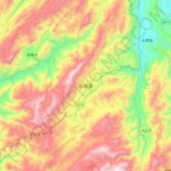 Mapa topográfico Yongde, altitude, relevo