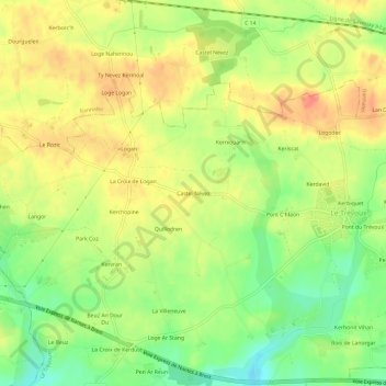 Mapa topográfico Castel Névez, altitude, relevo