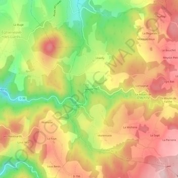 Mapa topográfico Boude, altitude, relevo