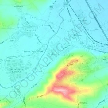 Mapa topográfico Villa Musone, altitude, relevo