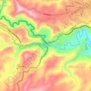 Mapa topográfico Frontera Puente de Rumichaca, altitude, relevo