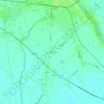 Mapa topográfico Vangadizza, altitude, relevo