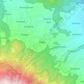 Mapa topográfico Tretes, altitude, relevo
