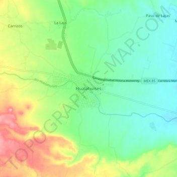 Mapa topográfico Hualahuises, altitude, relevo