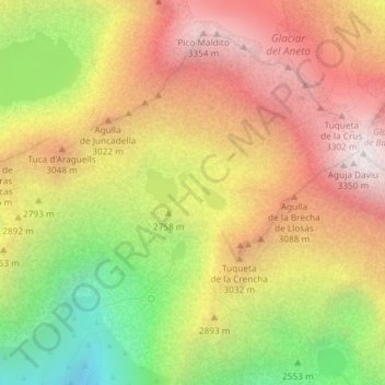 Mapa topográfico Ibones de Coronas, altitude, relevo