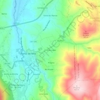 Mapa topográfico Eiras da Lagoa, altitude, relevo