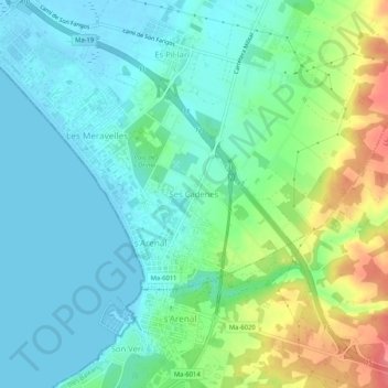 Mapa topográfico Ses Cadenes, altitude, relevo